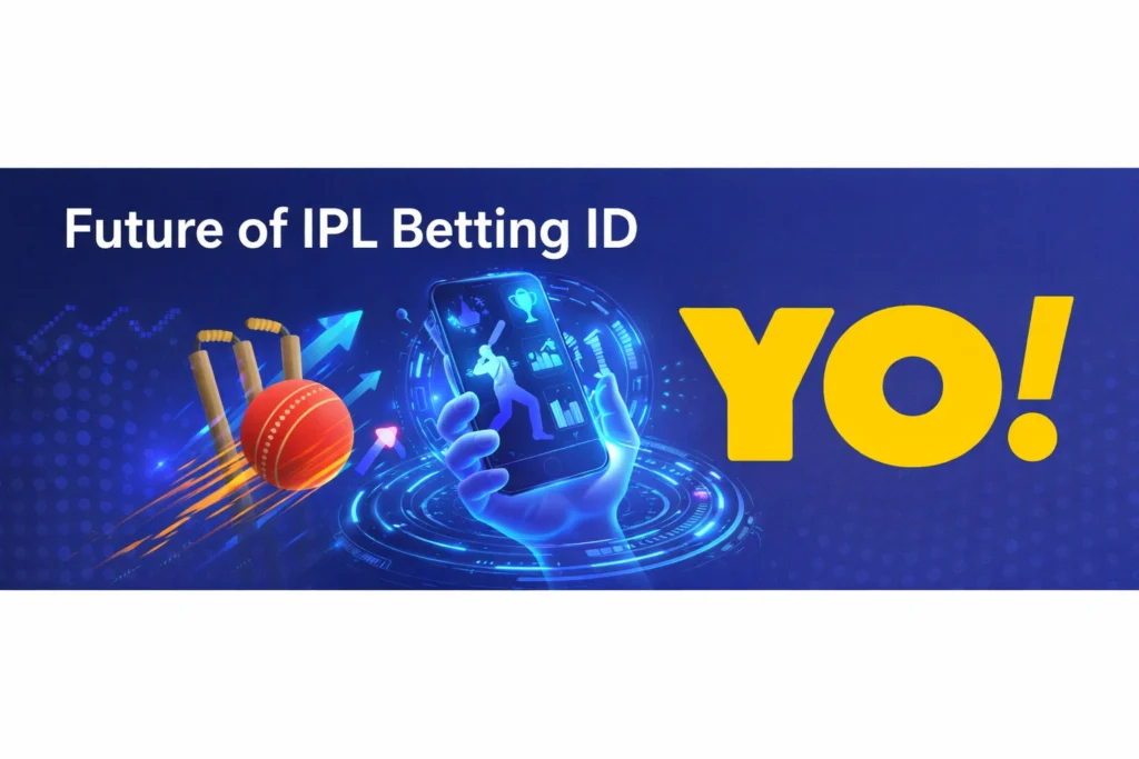 Future of IPL Betting ID banner with YO logo digital betting interface cricket ball and technology concept
