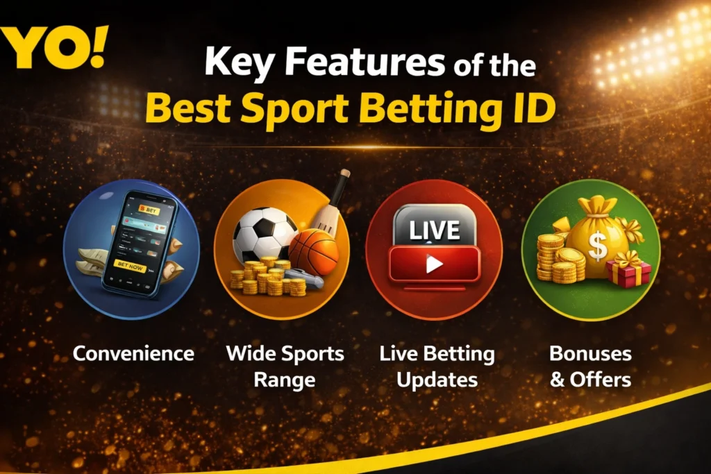 Key features of Best Sport Betting ID banner with YO logo showing convenience live betting updates bonuses and sports range