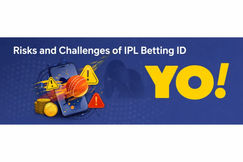 Risks and challenges of IPL Betting ID banner with YO logo warning signs cricket ball and betting risks concept