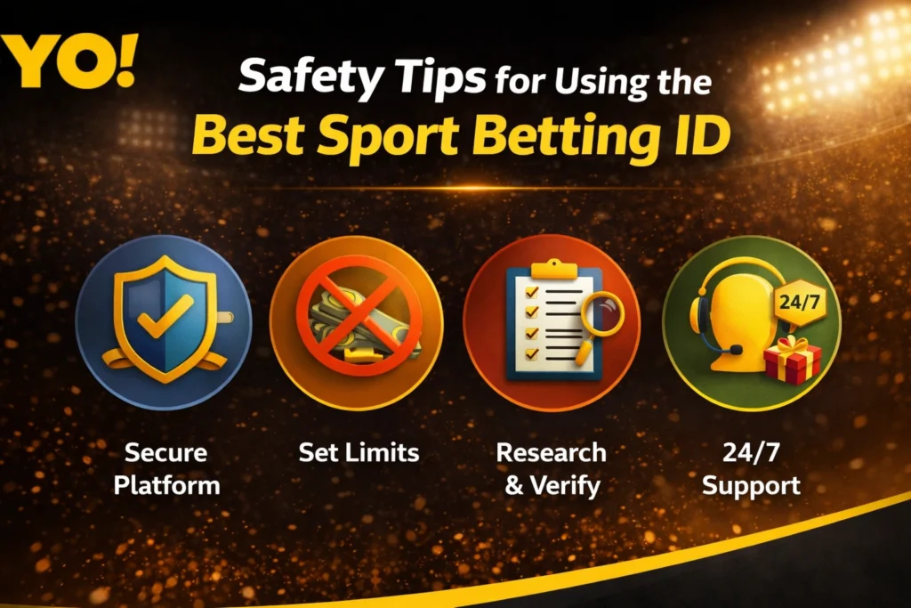 Safety tips for Best Sport Betting ID banner with YO logo showing secure betting password protection safe transactions and account safety