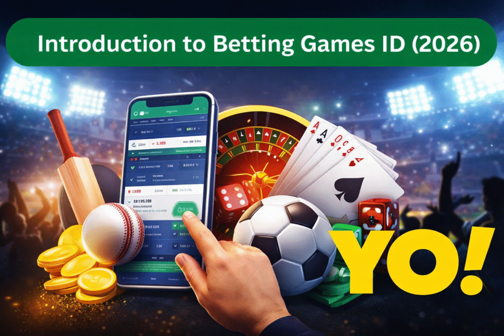 Betting Games ID introduction 2026 with Yo logo showing online cricket betting, casino games and sports betting platform