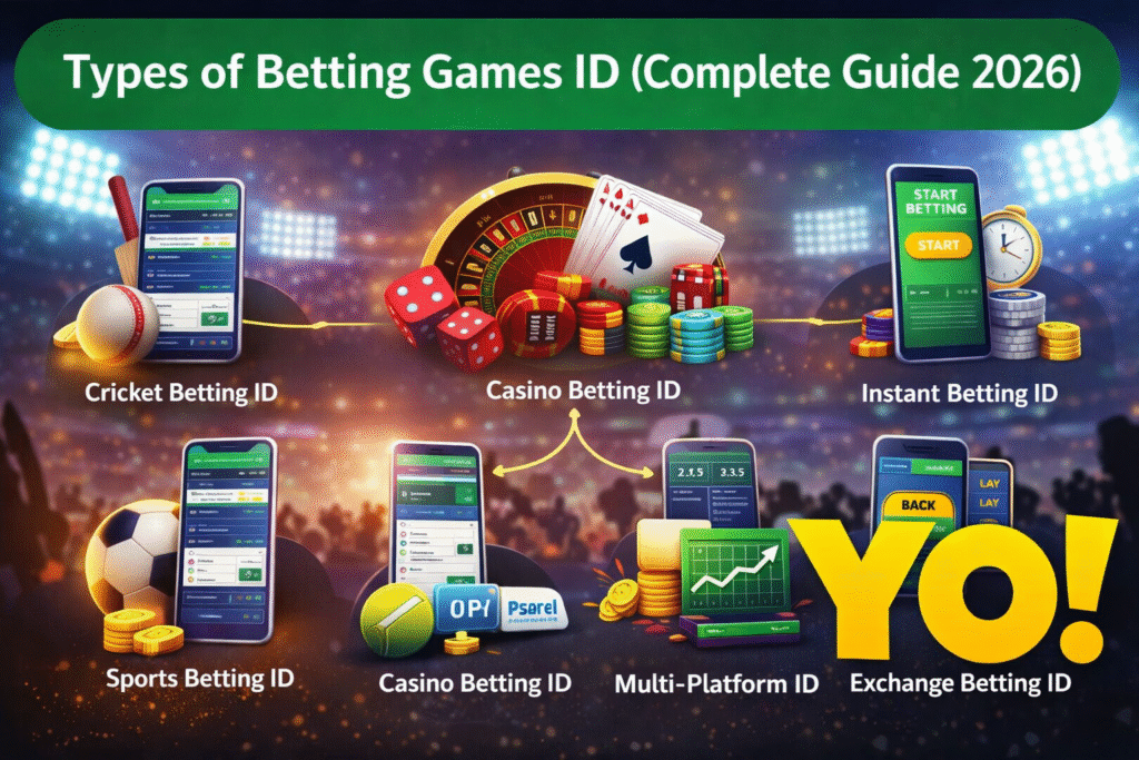 Types of Betting Games ID 2026 including cricket betting ID, sports betting ID, casino betting ID, exchange betting ID with Yo logo
