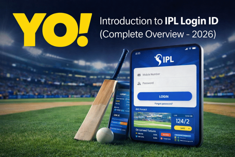 IPL Login ID introduction 2026 dashboard login screen with cricket app interface and YO logo