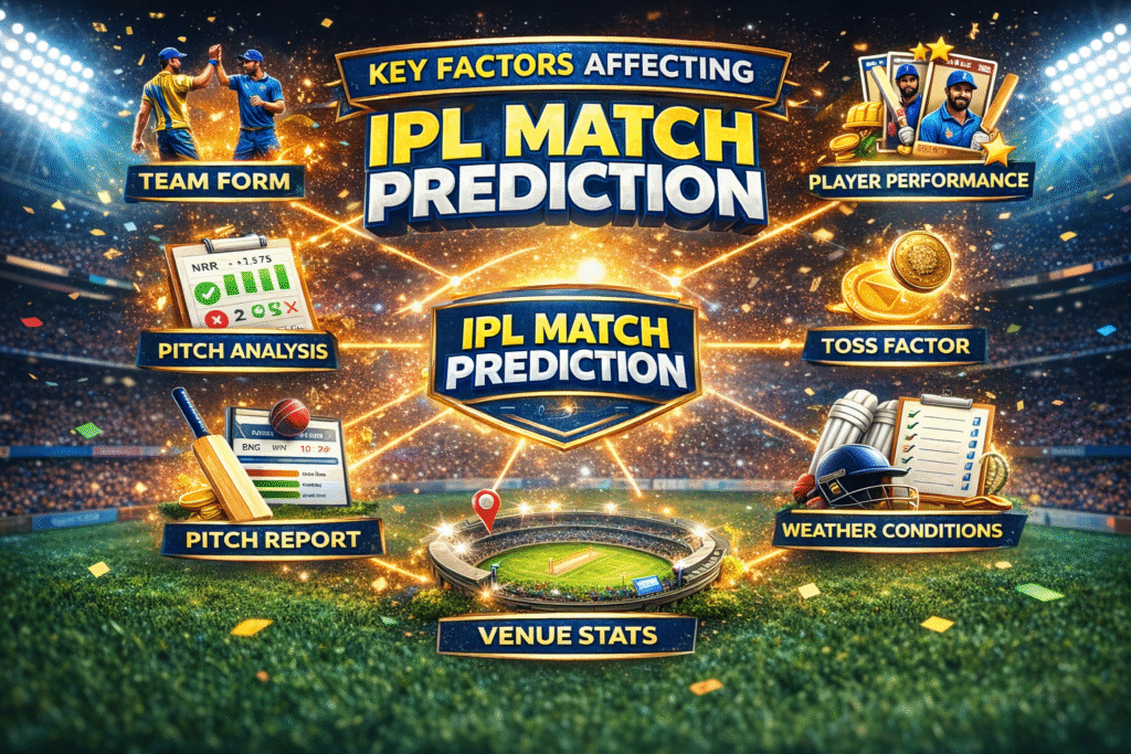 Key factors affecting IPL match prediction including team form pitch report player performance toss and weather