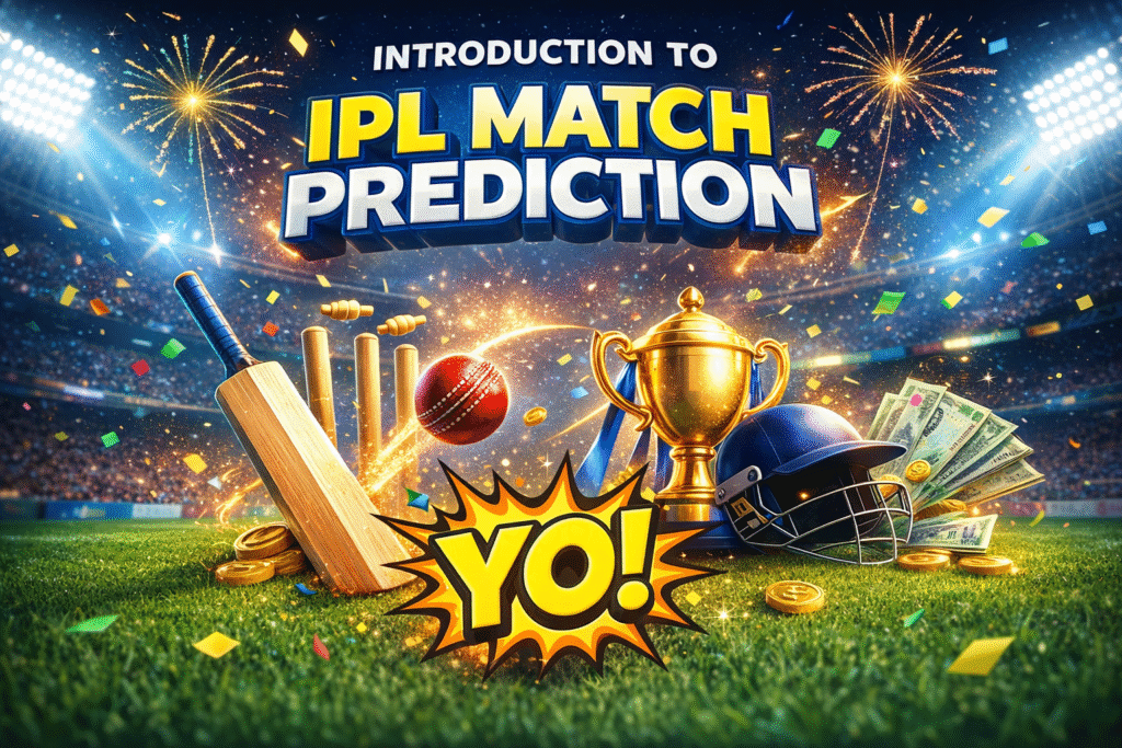 IPL Match Prediction 2026 introduction with cricket bat, trophy, stadium and fireworks