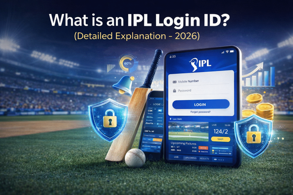 What is IPL Login ID explanation with cricket dashboard login screen and YO logo 2026